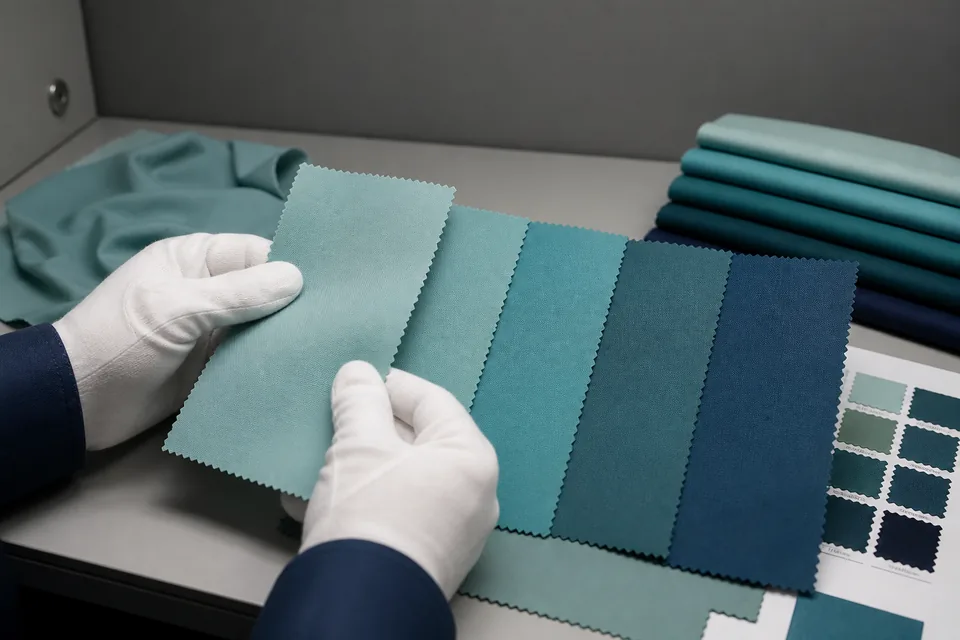 Comparing dyed polyester swatches under neutral light